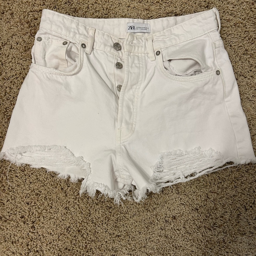 Zara White Jean Shorts Distressed Raw Hem